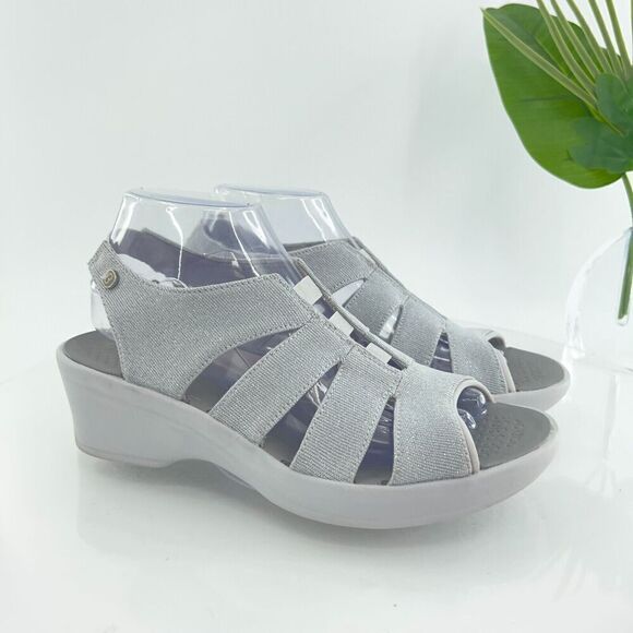 Bzees Women Finale Sandal 9.5 Wedge Heel Slip On Grey Lurex Casual Comfy - Picture 1 of 15